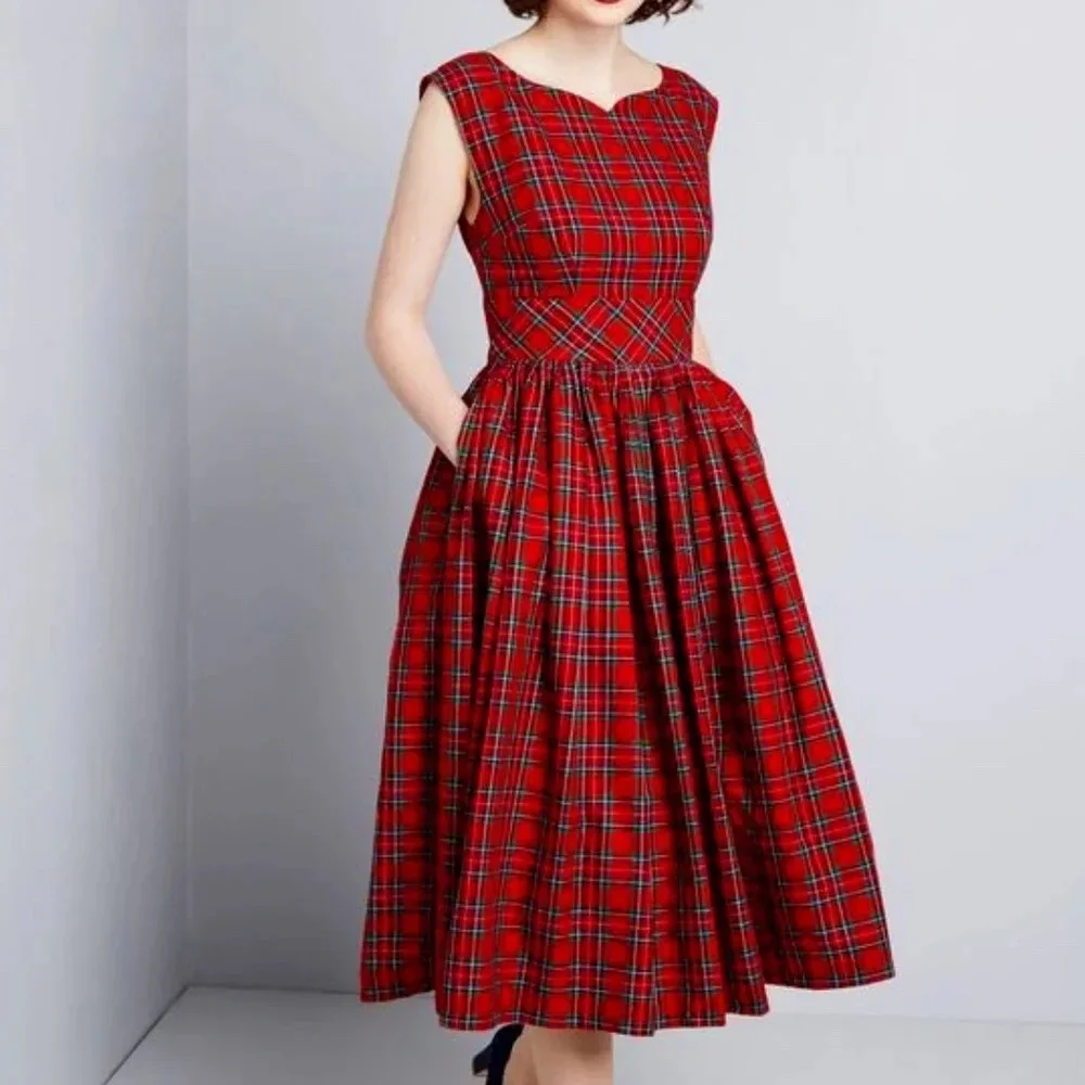red plaid fit and flare dress Wine Red Plaid Wool Midi Dress Handmade Long Sleeve